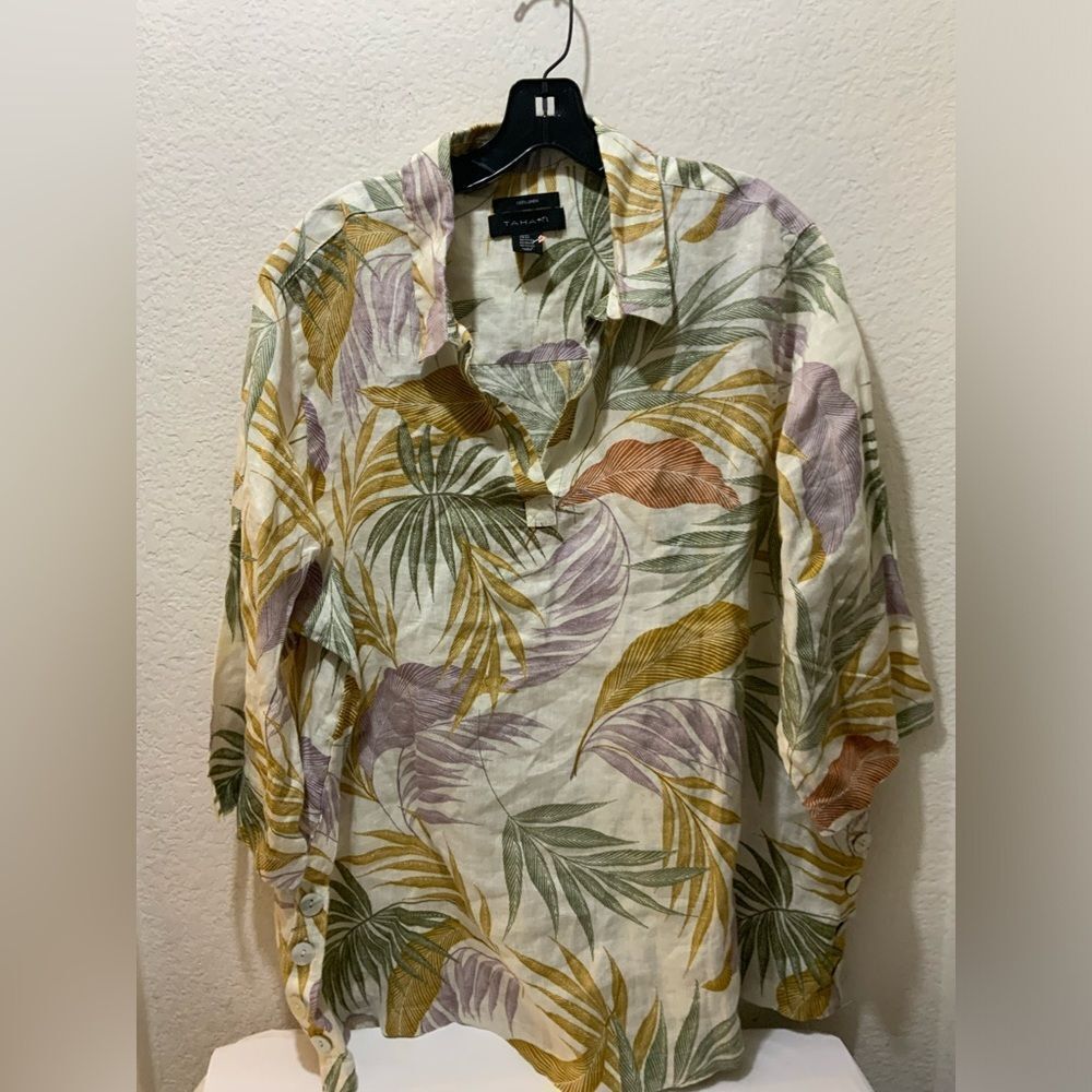 Tahari Plus Sz Tropical Floral Print Top Sz 2X 100% linen